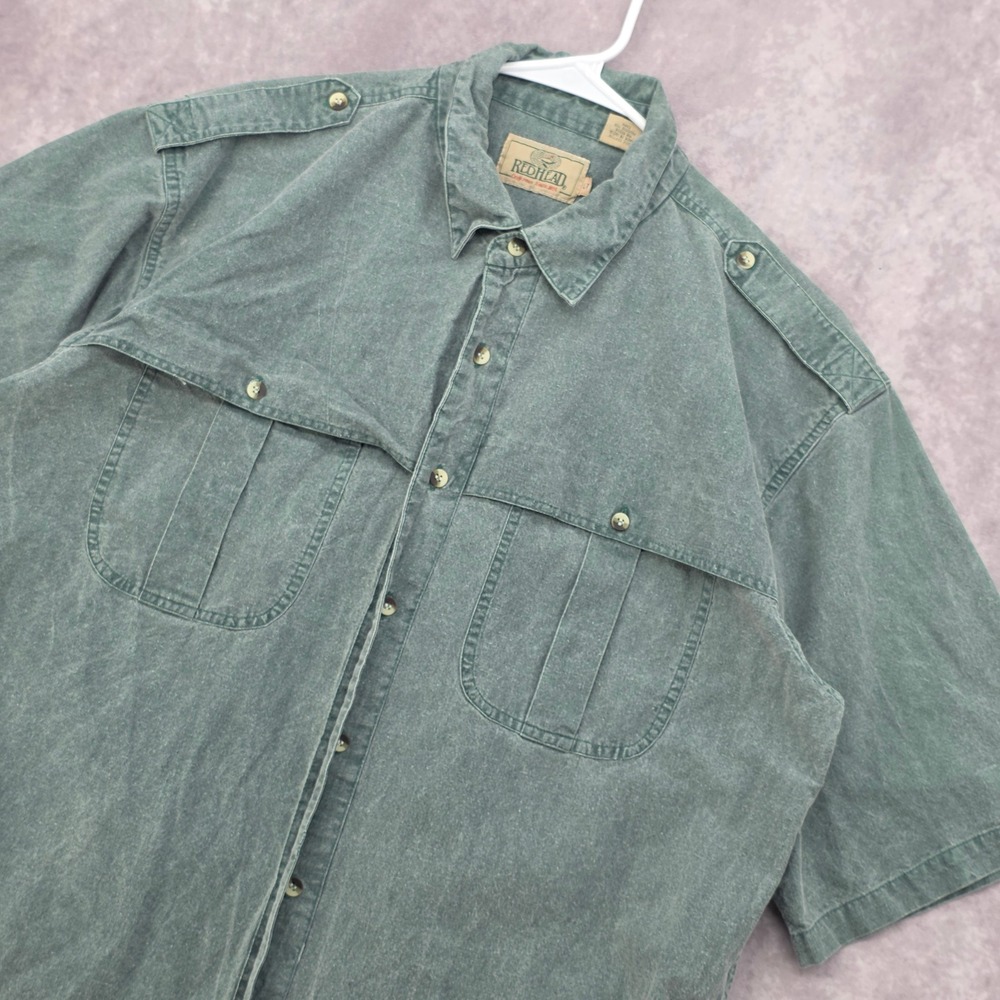 RedHead Mens Large Tall Green Cotton Utility Fishing Shirt Short Sleeve Epaulets